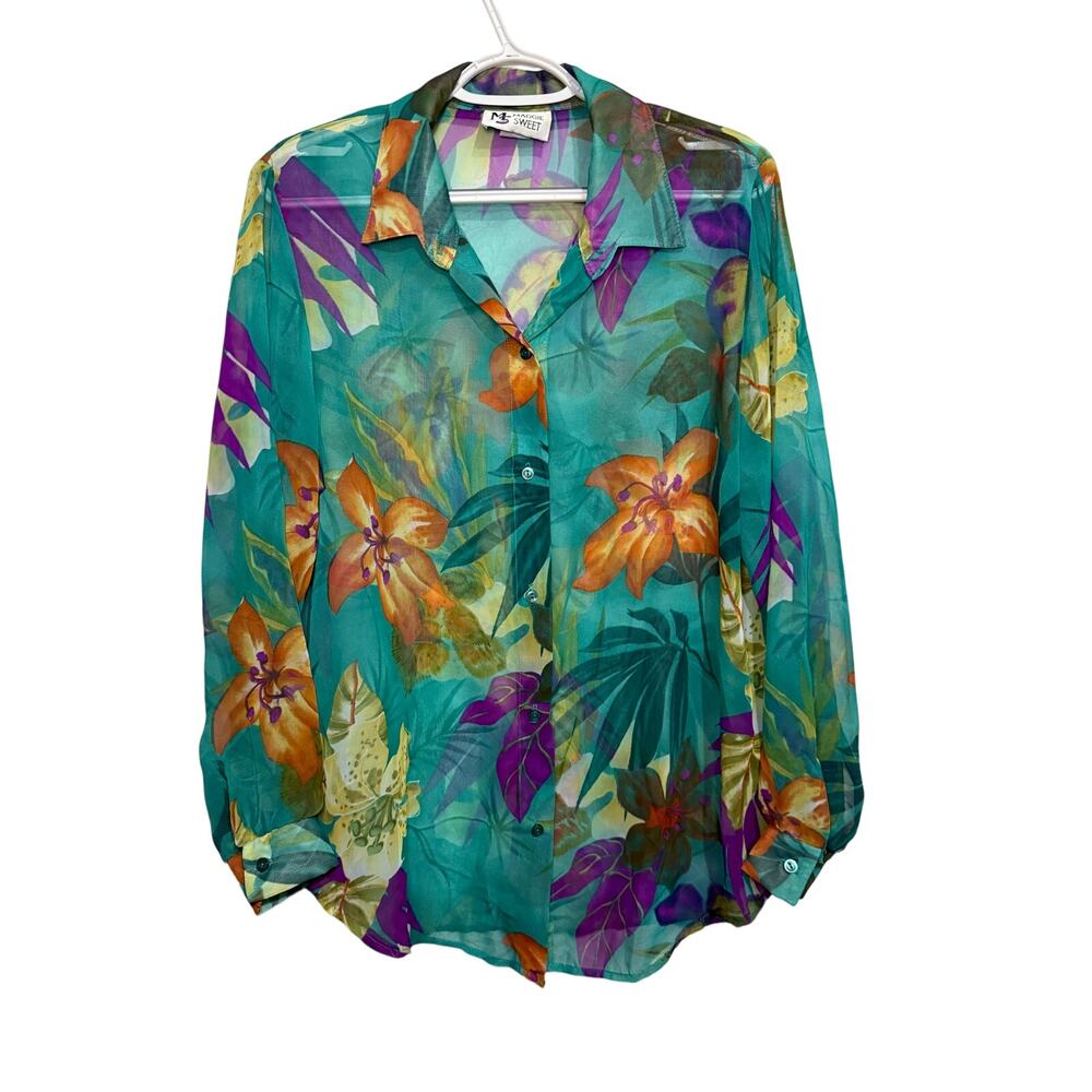 Maggie Sweet vintage tropical floral‎ sheer button down shirt womens medium 90s